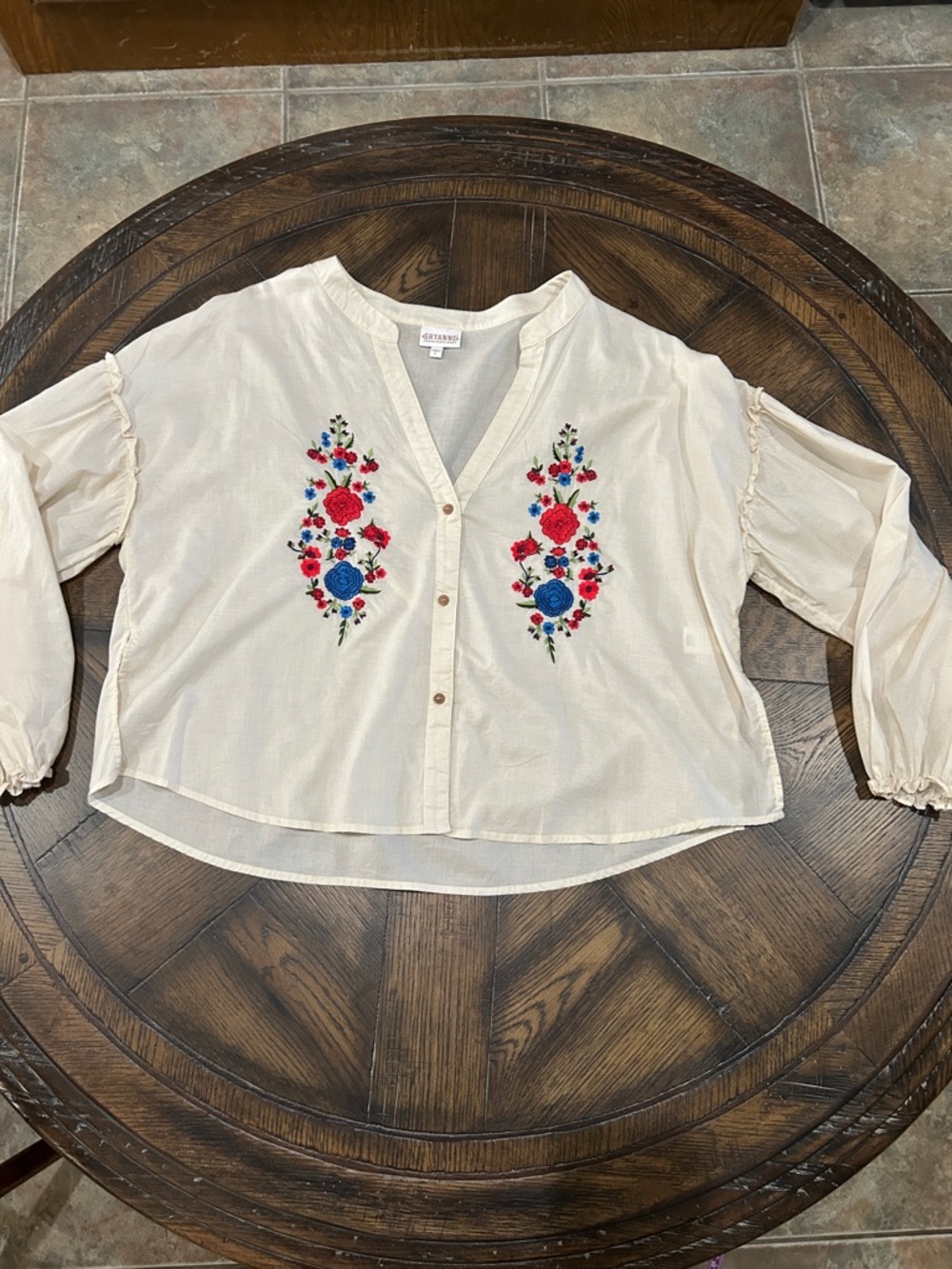 SHYANNE Large 100% cotton Button-Front Blouse with Red & Blue Floral Embroidery